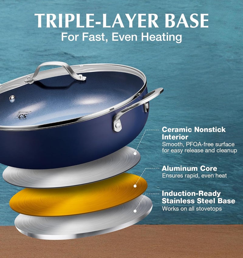 KOCH SYSTEME CS 12-Inch Saute Pan, 5.5-Quart Deep Frying Pan, Toxin-Free Ceramic Nonstick Saute Pan with Lid – Large Scratch-Resistant Deep Fry Pan, Oven Safe, Induction Compatible, Gradient Blue - Image 3